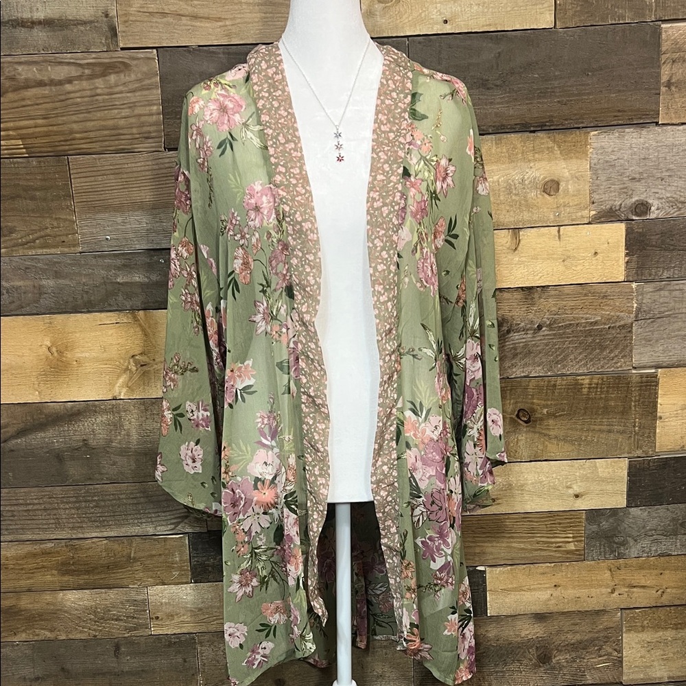 Maurices Floral Kimono Sheer Cover up - Green and Pink